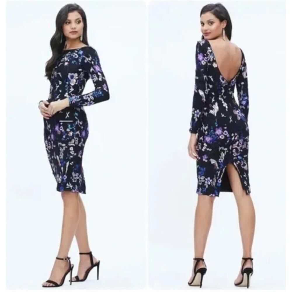DRESS THE POPULATION Emery Floral Sequin Long Sleeve Midi Dress XS